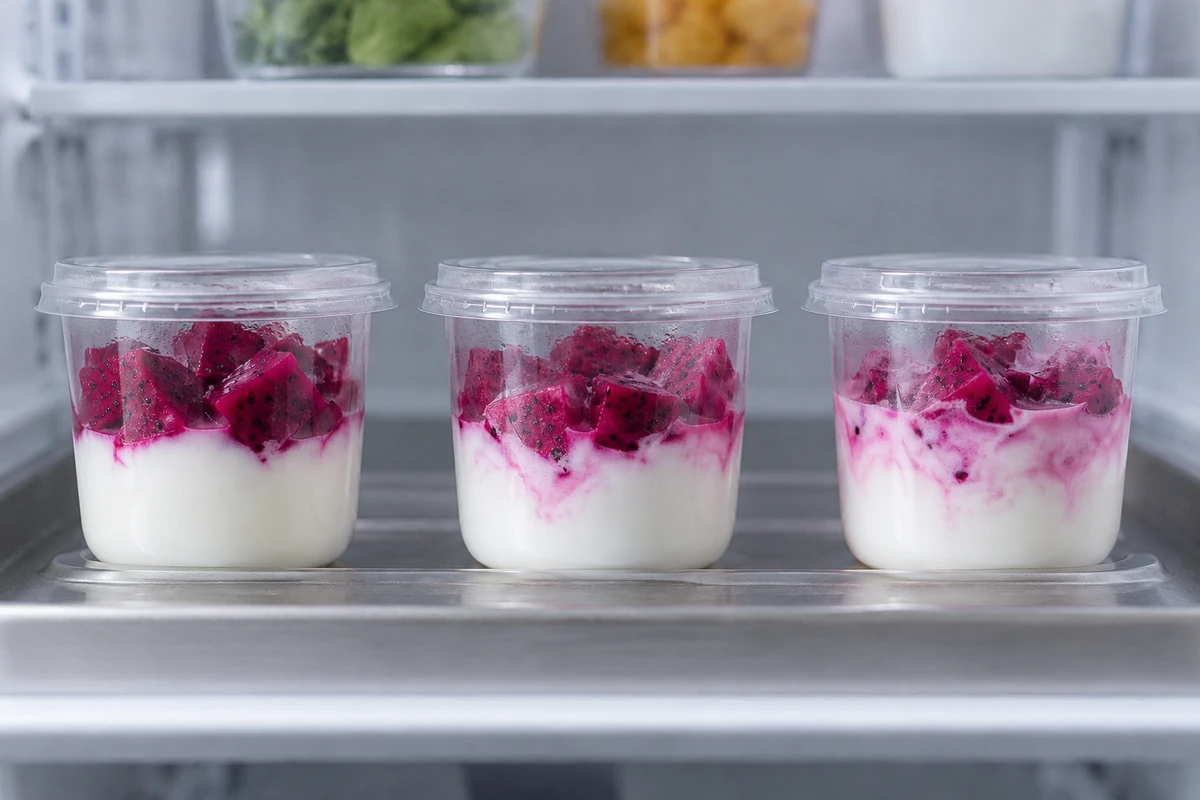 Covered yogurt cups with dragon fruit on a chilled tray Covered yogurt cups with dragon fruit on a chilled tray
