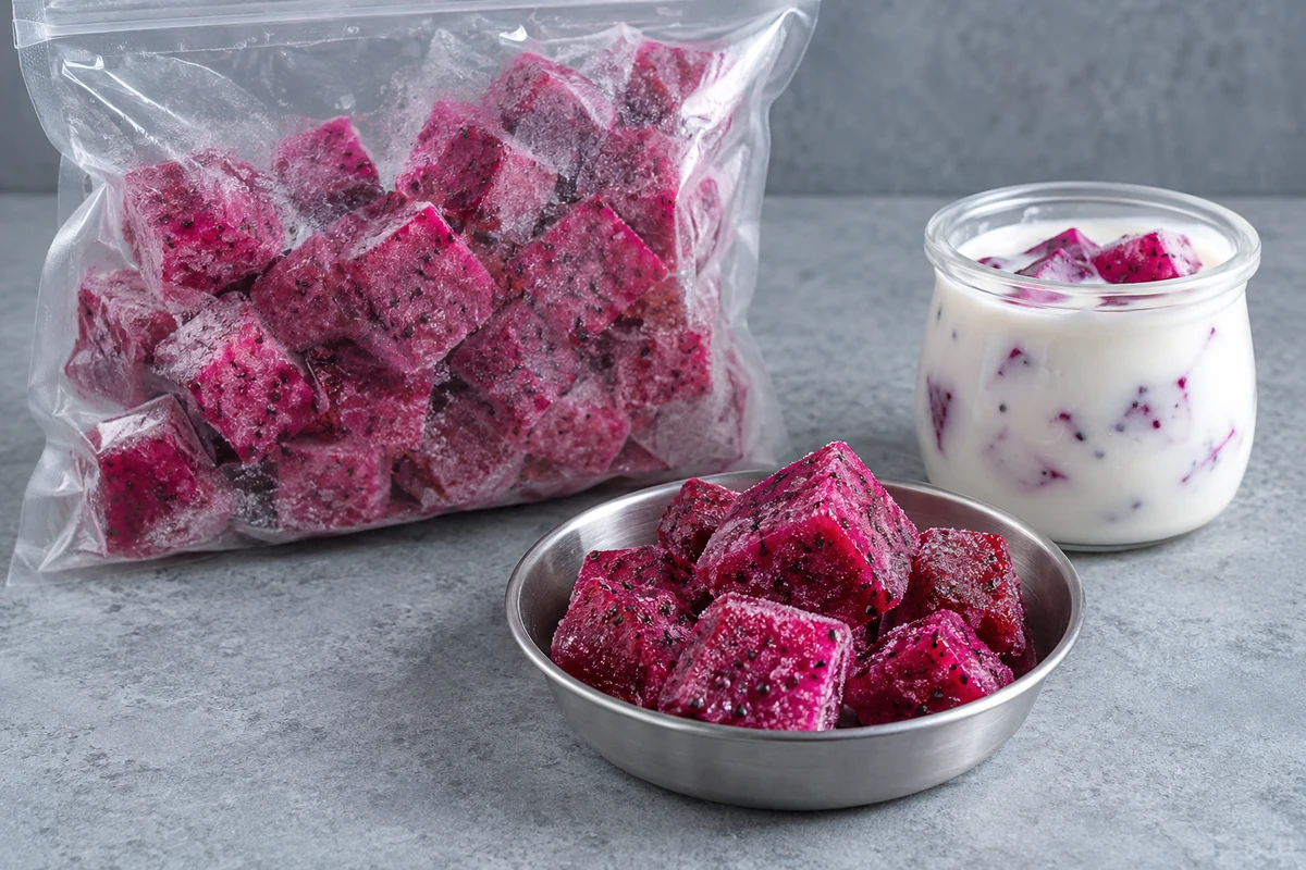 Frozen red dragon fruit dice beside a yogurt application sample Frozen red dragon fruit dice beside a yogurt application sample