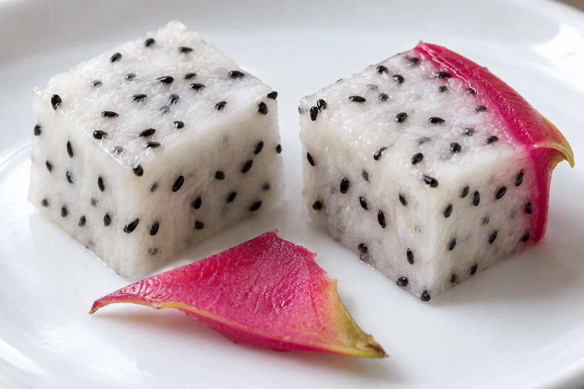 Normal black dragon fruit seeds and an attached pink peel remnant