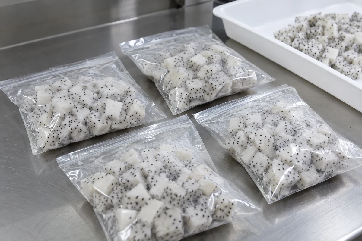 Separate frozen dragon fruit sample bags beside an inspection tray