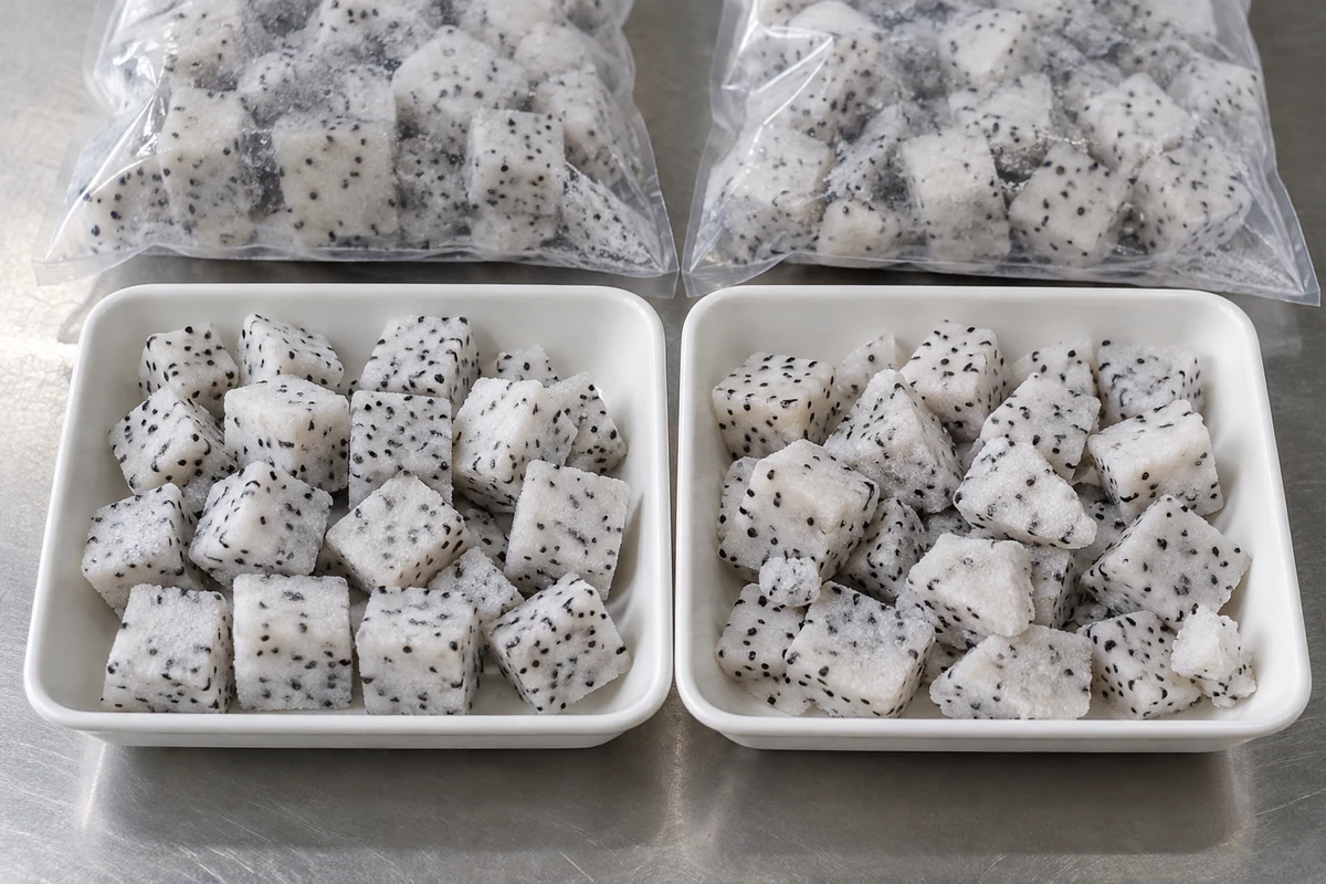 Two dragon fruit sample trays with different piece condition