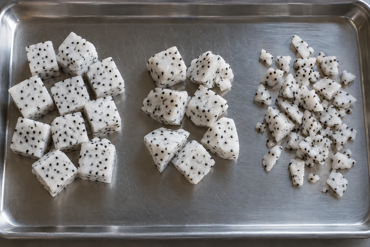 Complete dragon fruit dice, chipped pieces and small fragments