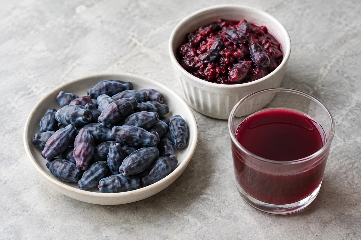 Form distinctions - Haskap berries Whole fruit, crushed fruit and strained juice retain different amounts of visible fruit structure