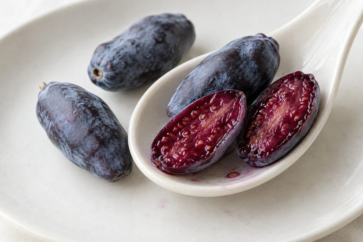 Cut fruit and juice - Haskap berries The cut fruit illustrates a thin skin, colored flesh and small embedded seeds