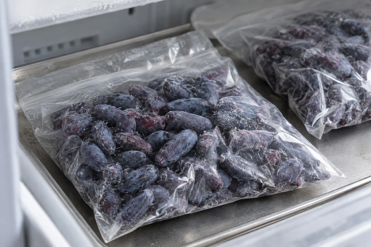 Controlled frozen handling - Haskap berries Sealed small portions illustrate a way to organize frozen fruit handling