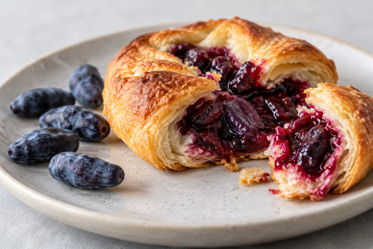 Finished cooked use - Haskap berries A cooked fruit filling illustrates how softened berries can remain visible within pastry