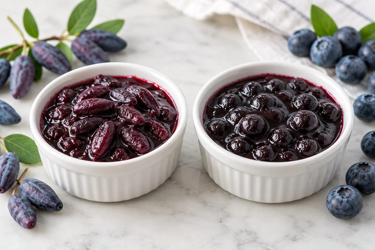 Haskap blueberry filling textures in an illustrative food preparation scene