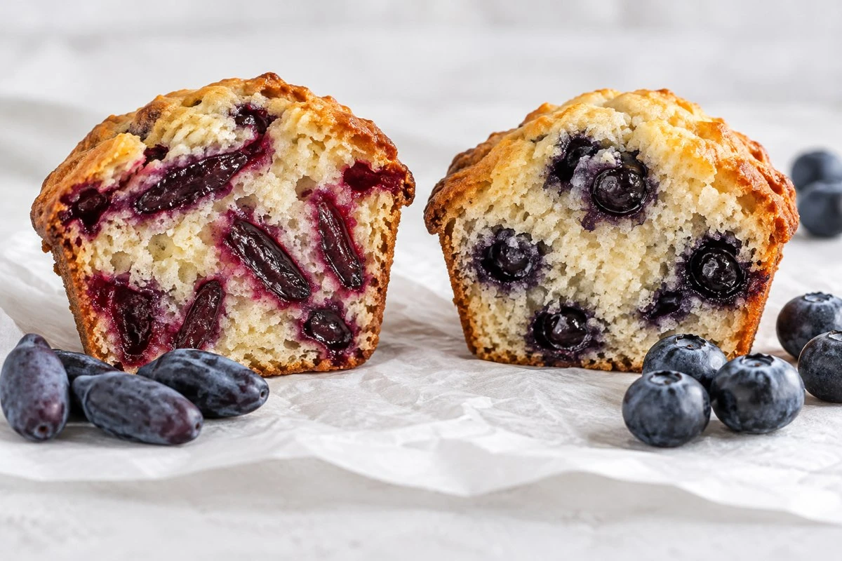 Haskap blueberry muffin crumb in an illustrative food preparation scene