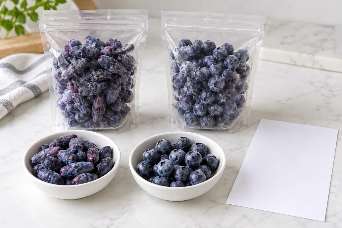 Haskap blueberry frozen sample packs in an illustrative food preparation scene