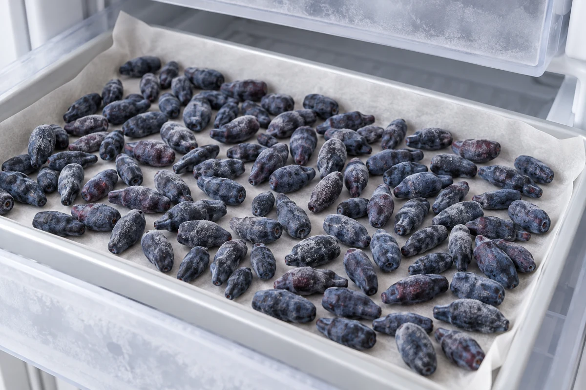Haskap berries freezing tray Separate berries in a single layer before moving them into a storage pack.