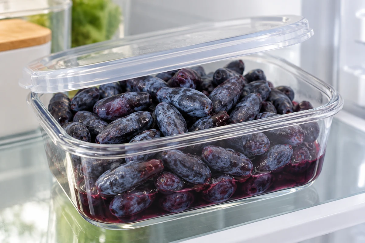Haskap refrigerator thaw container The covered container represents a refrigerated thaw; close the lid during normal handling.