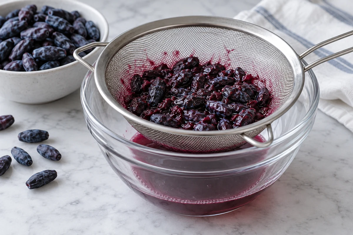 Haskap juice draining bowl Collecting juice separately makes its weight visible before a recipe decision.