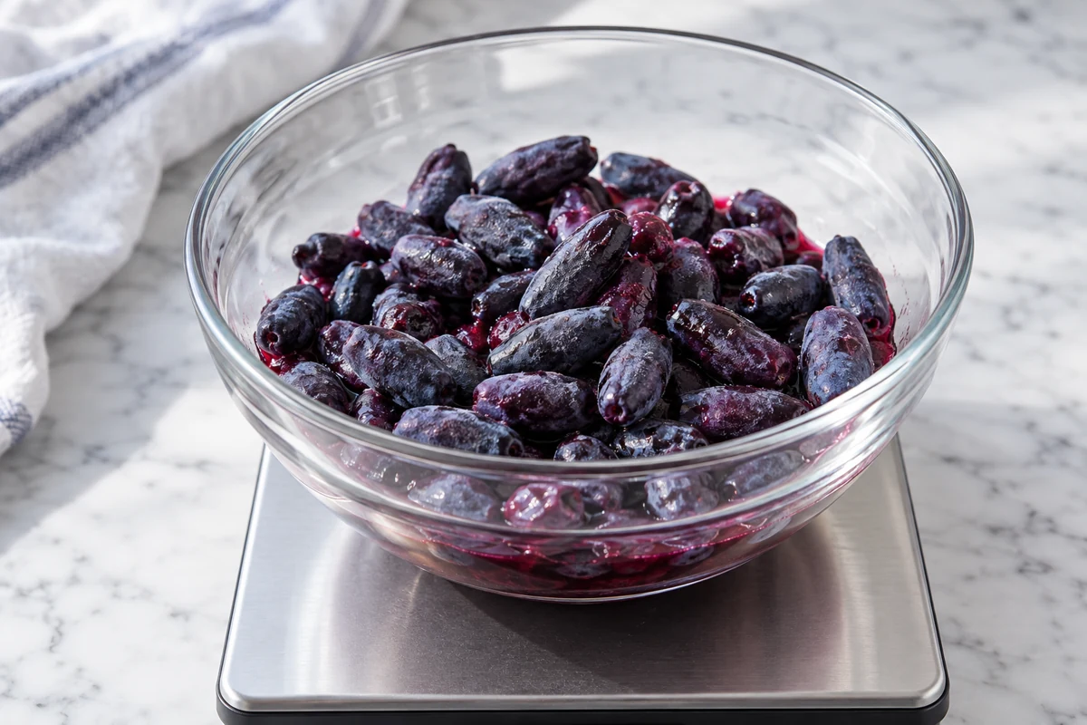 Haskap thawed fruit weighing Weigh the prepared fruit and account for its released juice.