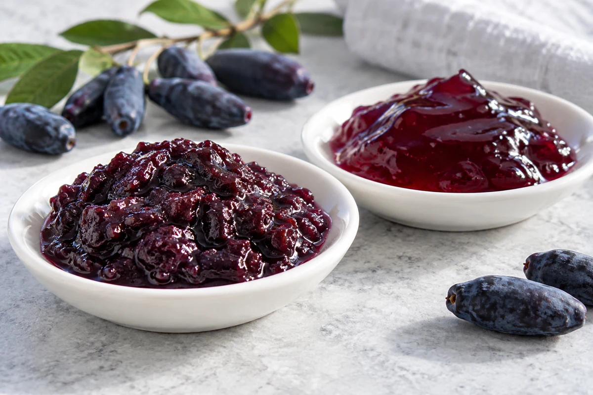 Haskap jam jelly texture A pulpy spread and a clearer gel illustrate two distinct product targets.