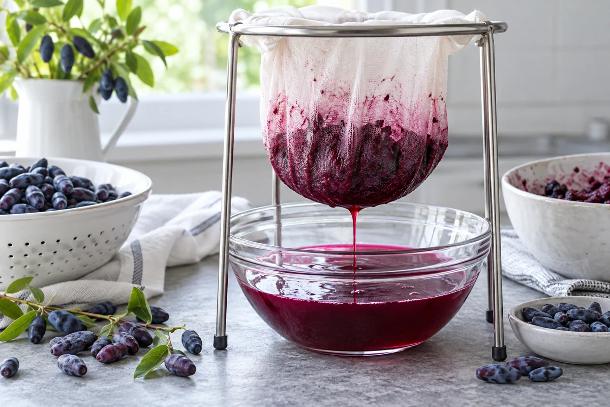Haskap jelly juice straining A supported straining bag lets juice separate from the fruit solids.
