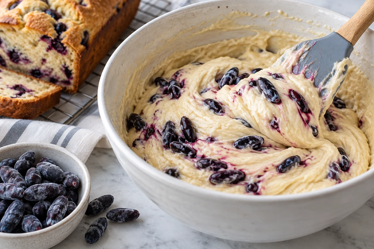 Haskap folding berries batter Gentle folding can limit skin breakage and purple streaking.