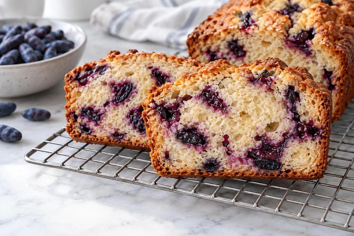 Haskap loaf slices cooling Sliced cooled loaf illustrates the inspection stage, not an approved production trial.