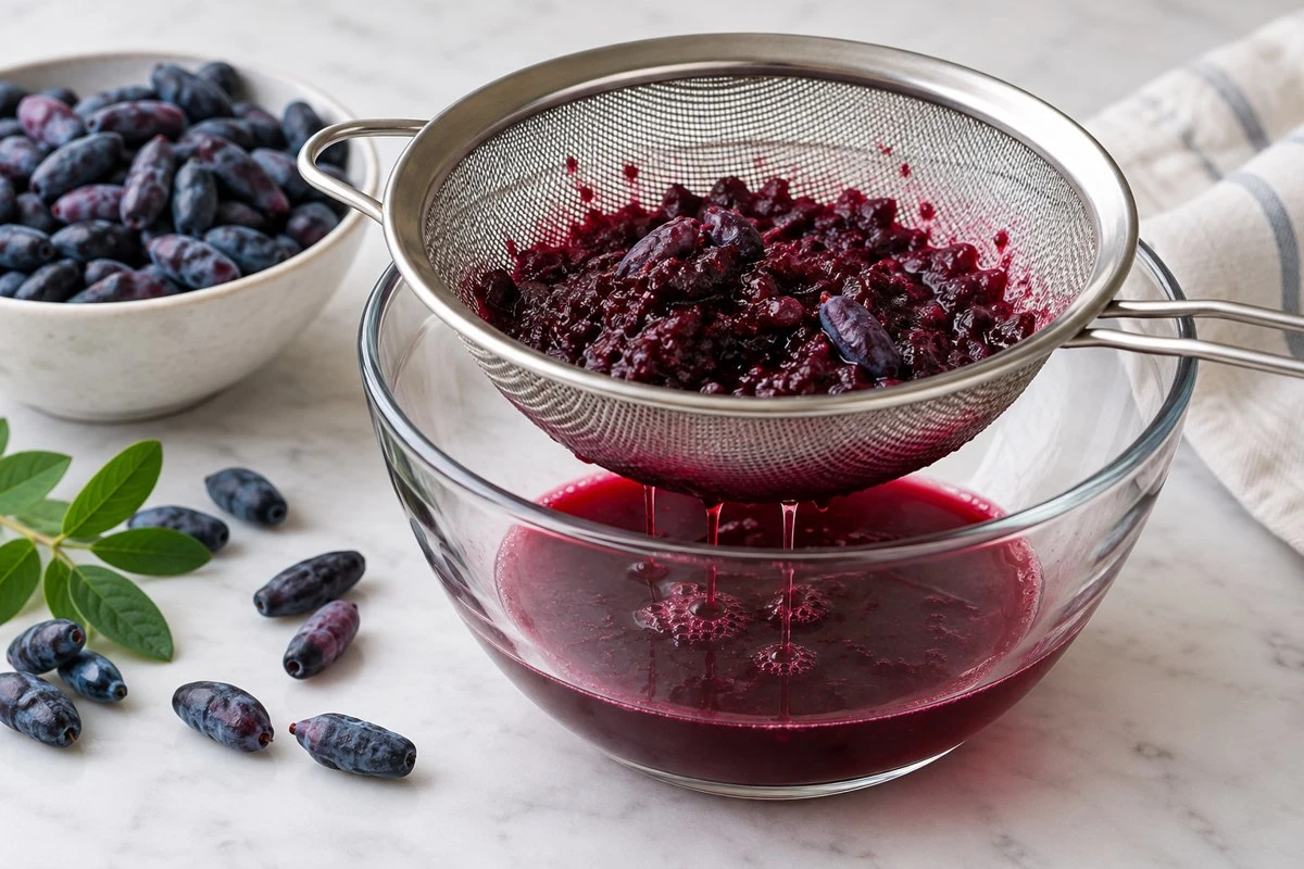 Haskap juice straining in an illustrative food preparation scene