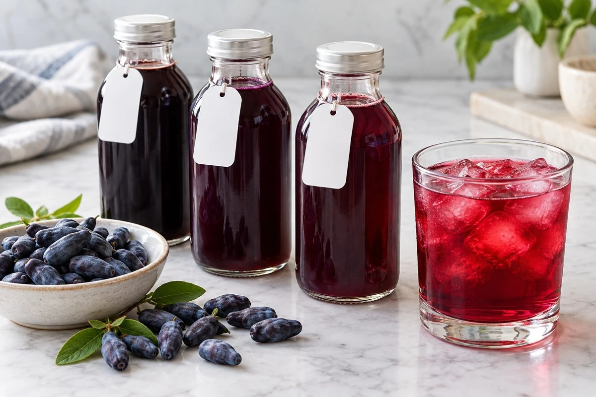 Haskap beverage pilot bottles in an illustrative food preparation scene