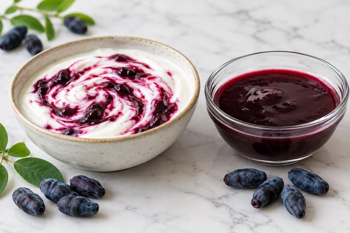 Haskap yogurt and sauce color Haskap yogurt and sauce color in an illustrative food preparation scene