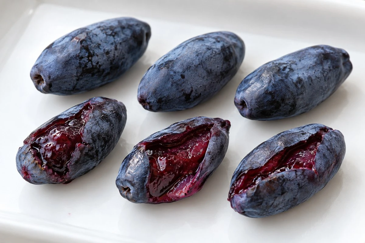 Haskap split skin comparison Haskap split skin comparison in an illustrative food preparation scene