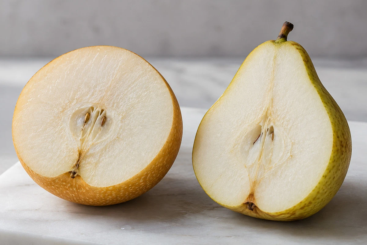 Cut structure - Pear ingredients Fresh cut faces show characteristic shapes; frozen and cooked texture need their own evaluation