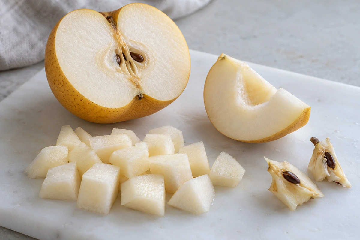 Core removal detail - Pear ingredients An illustrative preparation separates edible pear pieces from the removed core and seeds