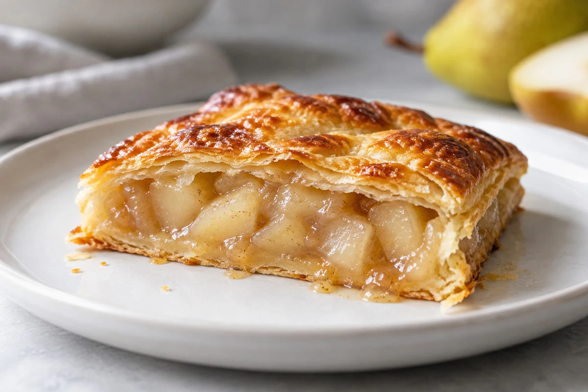 Cooked inclusion use - Pear ingredients A cut pastry illustrates recognizable softened pear pieces within a cooked filling