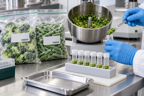 Frozen vegetable sample preparation and labelled aliquot tubes Frozen vegetable sample preparation and labelled aliquot tubes
