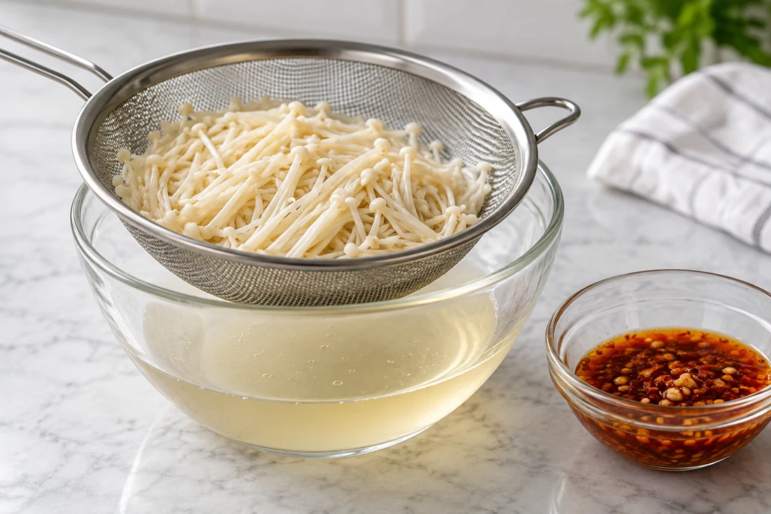 Cooked enoki draining above collected liquid beside chili sauce Cooked enoki draining above collected liquid beside chili sauce