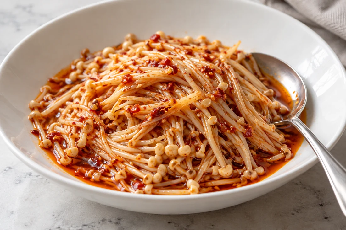 Cooked enoki strands in a bowl of red chili sauce Cooked enoki strands in a bowl of red chili sauce