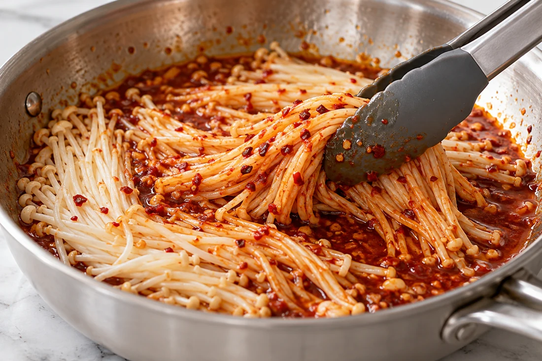 Enoki strands being turned through chili sauce in a pan Enoki strands being turned through chili sauce in a pan