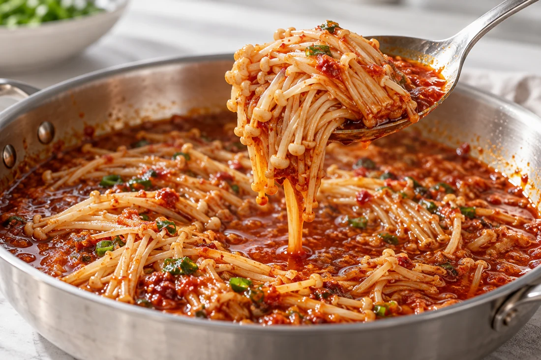 A spoon lifting cooked enoki coated with red sauce A spoon lifting cooked enoki coated with red sauce