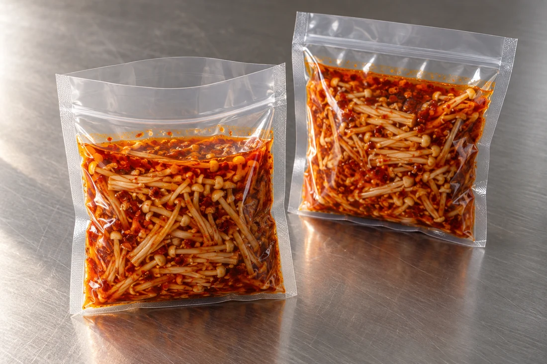 Spicy enoki in clear pouches below clean sealing margins Spicy enoki in clear pouches below clean sealing margins