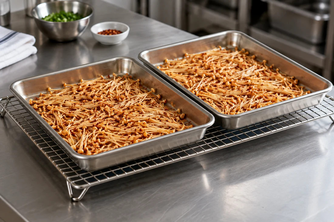 Shallow pans of spicy enoki spaced on a cooling rack Shallow pans of spicy enoki spaced on a cooling rack