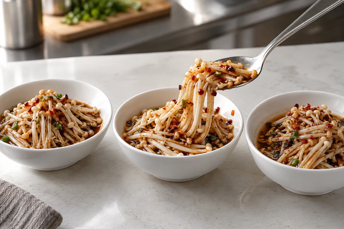 Three enoki sauce portions with visible strands and chili flakes Three enoki sauce portions with visible strands and chili flakes
