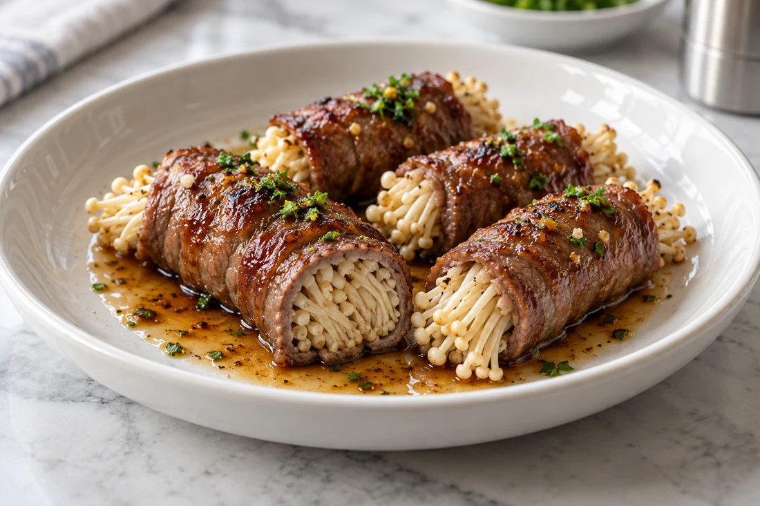 Browned beef rolls wrapped around enoki mushroom bundles Browned beef rolls wrapped around enoki mushroom bundles