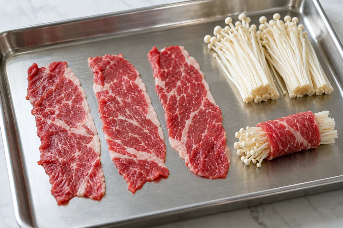 Thin raw beef slices beside enoki portions and an assembled roll Thin raw beef slices beside enoki portions and an assembled roll