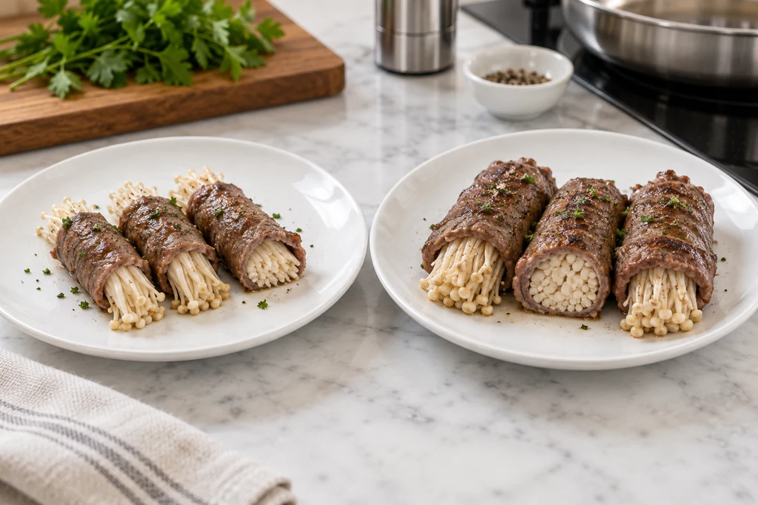 Two plates of beef enoki rolls with different wrap proportions Two plates of beef enoki rolls with different wrap proportions