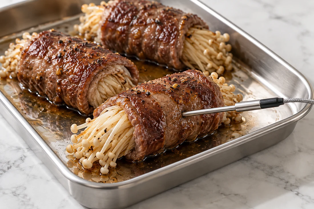 A food probe inserted into a beef enoki roll on a tray A food probe inserted into a beef enoki roll on a tray