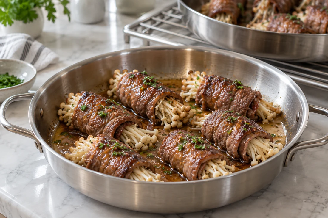 Beef enoki rolls arranged in shallow pans with sauce Beef enoki rolls arranged in shallow pans with sauce