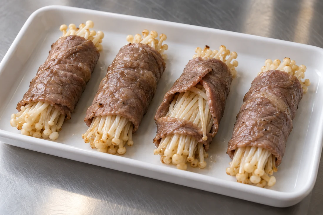Four beef enoki rolls with one overlap opened to show the filling Four beef enoki rolls with one overlap opened to show the filling