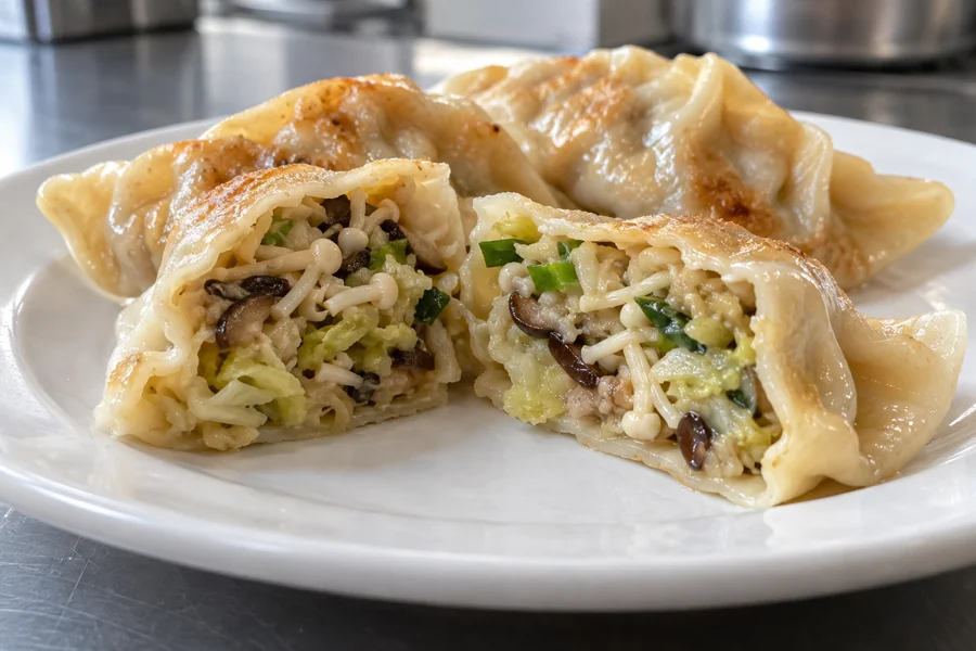 Cut Enoki in Dumpling Fillings: Water Control and Strand Length Cooked dumpling cross section with short enoki pieces in vegetable filling
