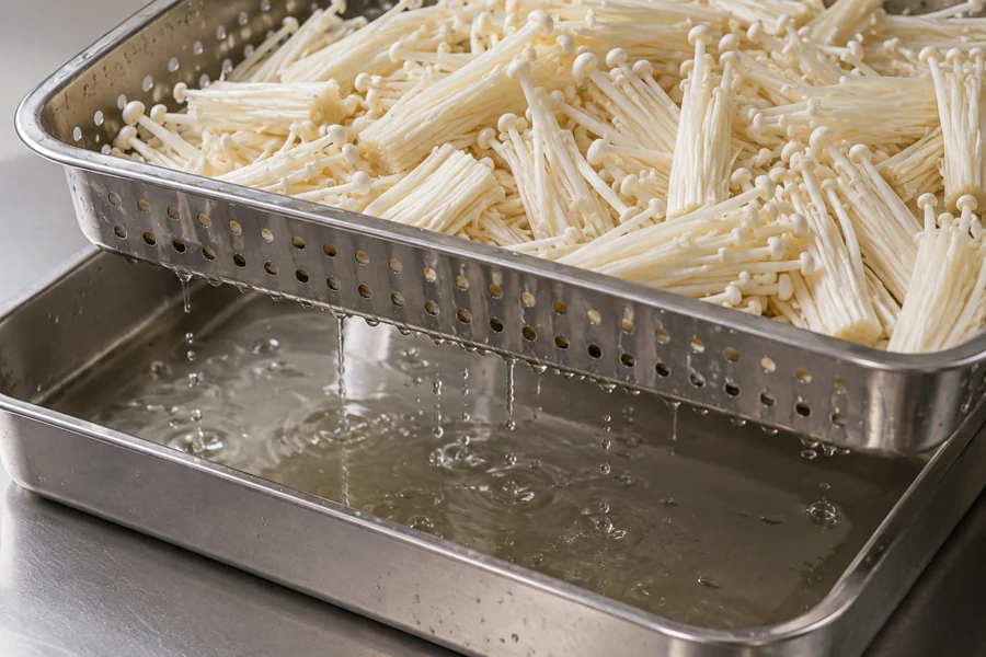 Measure water through preparation and holding Enoki preparation on a perforated tray above collected drainage