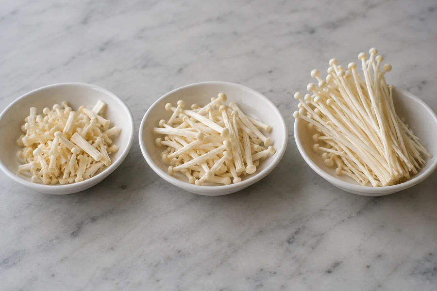 Choose a cut that seals and portions cleanly Three dishes with short intermediate and long enoki stem preparations