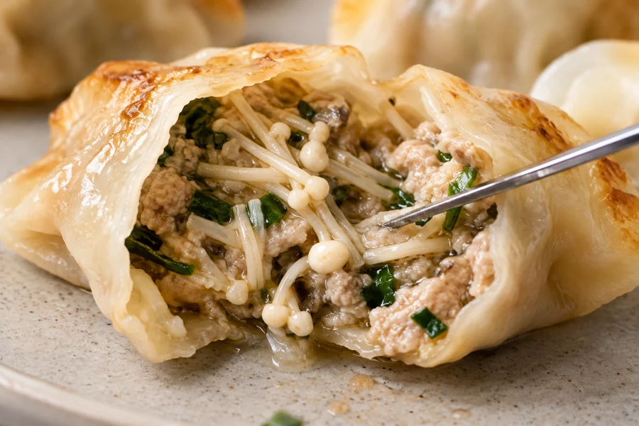 Validate cooking and protect the prepared filling Cut-open cooked dumpling with a probe positioned in the exposed filling
