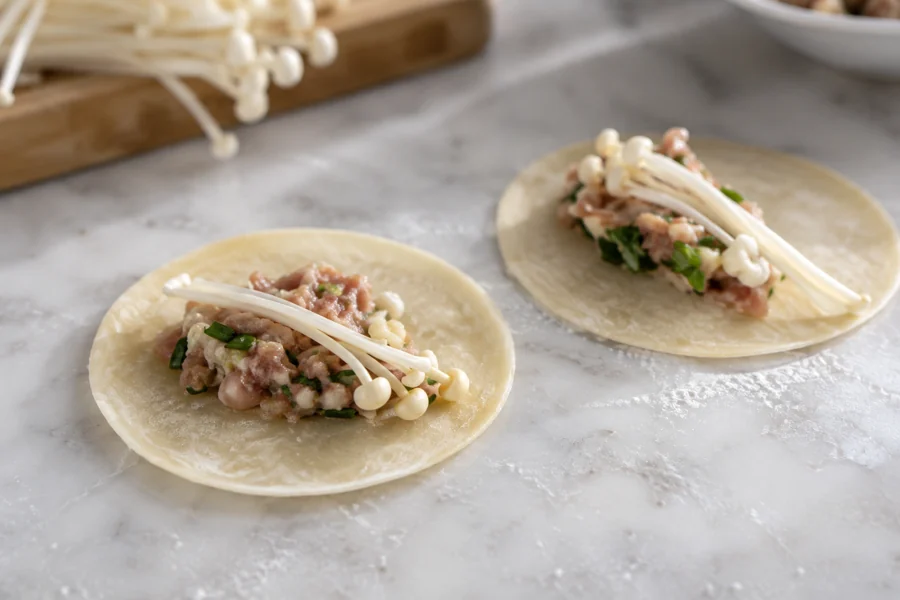Run a filling and forming trial with useful comparisons Dumpling wrappers with filling and long enoki stems near the sealing rim