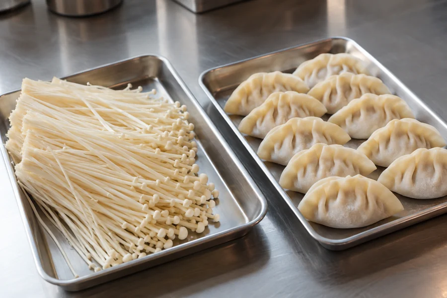 Convert the trial into a purchasing specification Enoki ingredient sample and sealed dumplings on separate trays