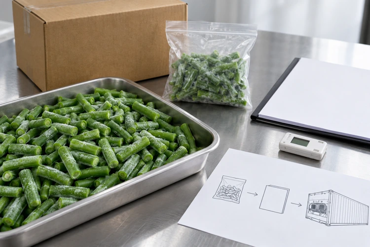 Conceptual frozen cut-bean samples, plain carton, logger and shipment sketch Conceptual frozen cut-bean samples, plain carton, logger and shipment sketch