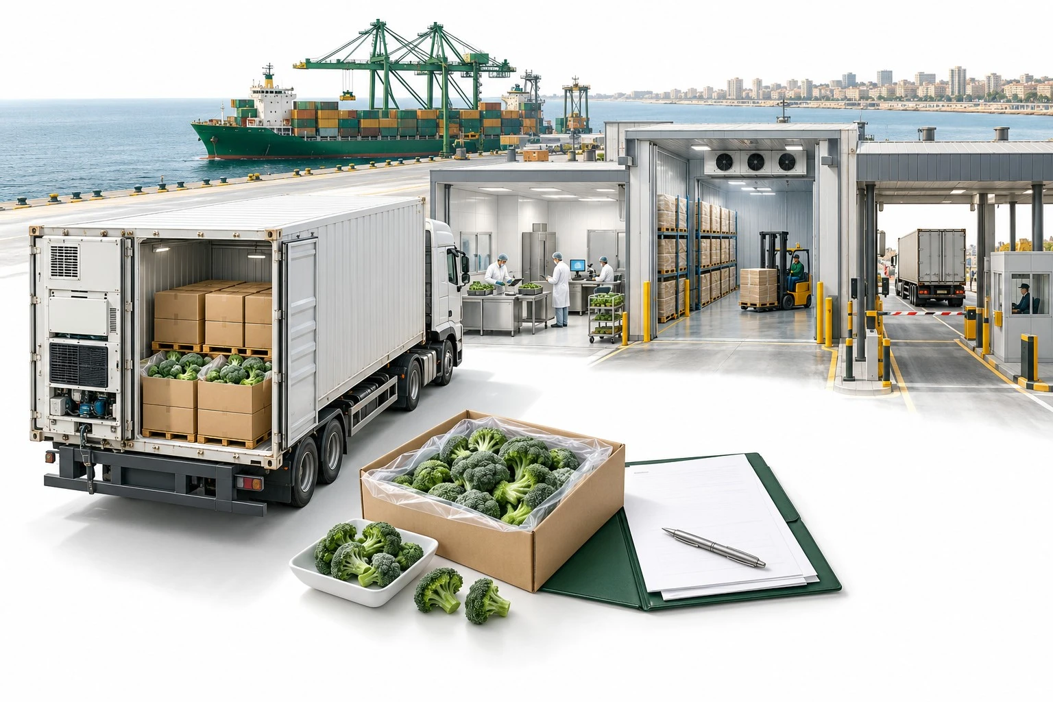 Illustration of a frozen broccoli shipment, food inspection, frozen custody and port exit